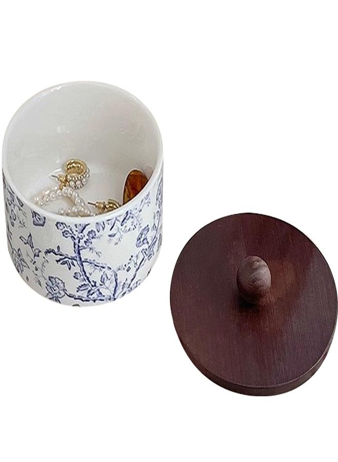 EHERDM Ceramic Jewelry Box with Wood Lid Blue White Jewelry Case Ring Holder Trinket Vintage Floral Porcelain Round Jewelry Box Trinket for Rings Earrings Necklace Bracelet Keys (Small) - Image 1